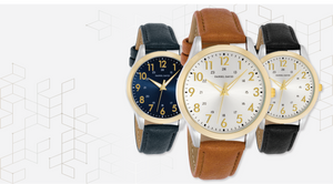 Analog watch 12/24h display with comfortable leather strap in three different colours for men