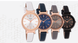 analog watch with minimalist dial tone on tone four different colours small white stone in the dial thin leather band women's style