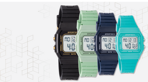 classic digital watch with square dial four different colours unisex style chronograph light night waterproof and alarm